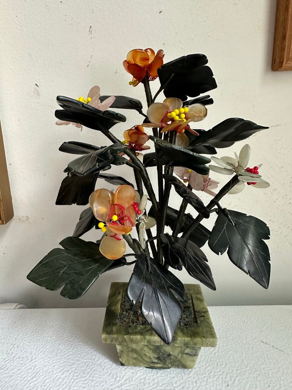 Vintage Chinese hardstone and jade flower bonsai tree 10x5”